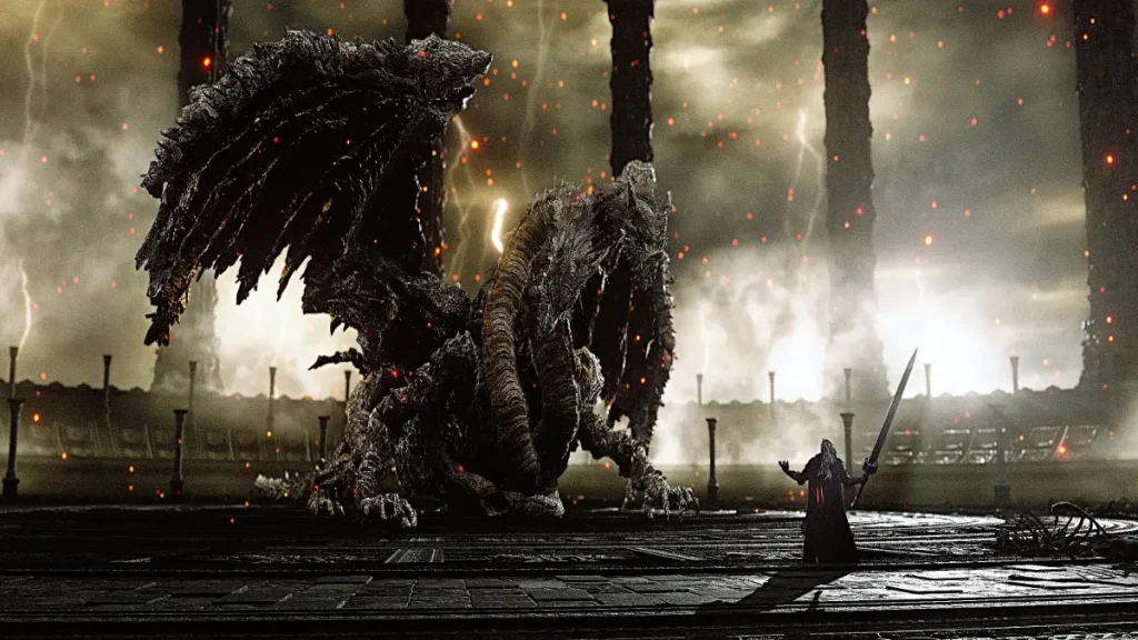 Epic confrontation with what appears to be the Elden Ring DLC final boss in a dark, ruined arena