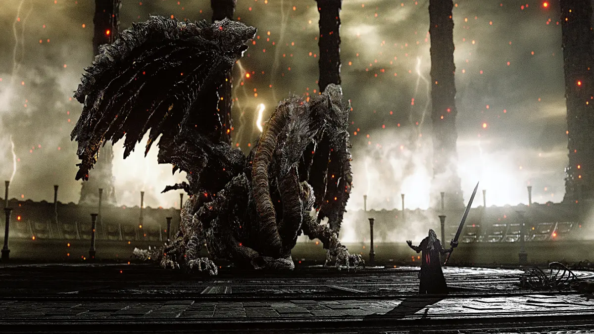 Epic confrontation with what appears to be the Elden Ring DLC final boss in a dark, ruined arena