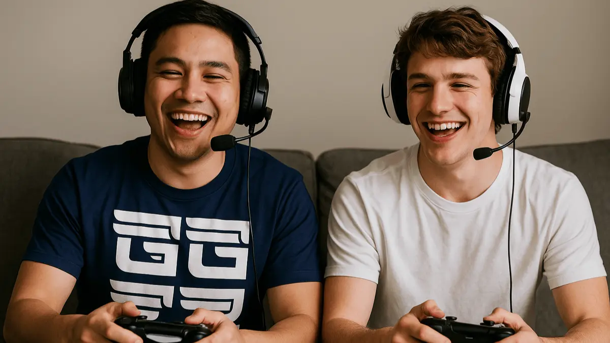 Two gamers laughing while wearing headsets and holding controllers, one wearing a funny gaming shirt with a bold GG design.