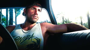 GTA 6 Jason sitting in a car with sunlight shining through the window