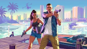 Jason and Lucia aiming pistols on a Miami-style dock — GTA 6 weapons in action