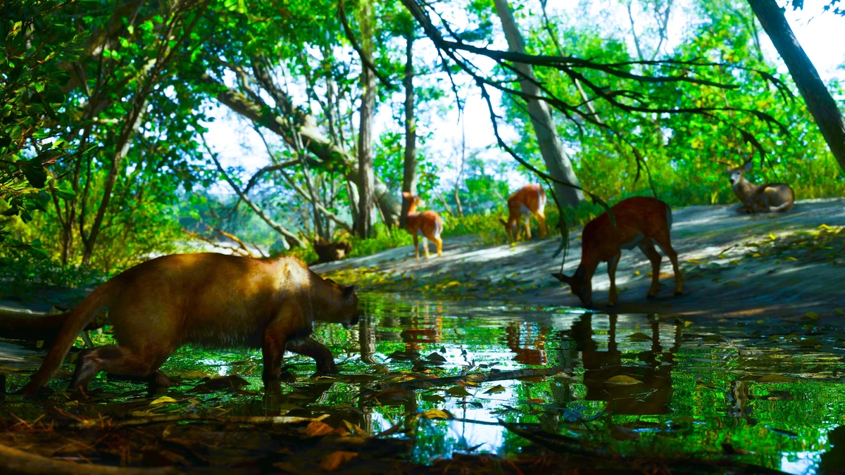 GTA 6 animals including a panther and deer near a forest water stream in Vice City wilderness.