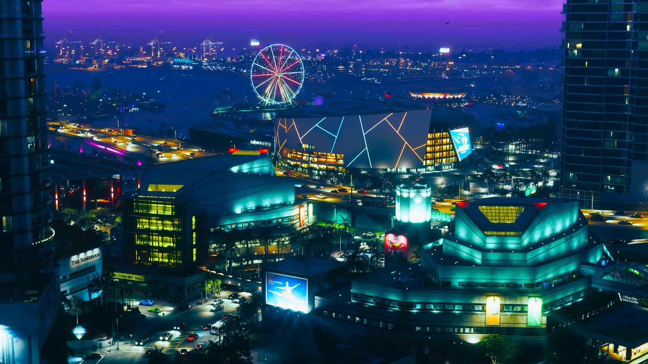 Real GTA 6 gameplay screenshot of Vice City at night, featuring detailed buildings and traffic lights