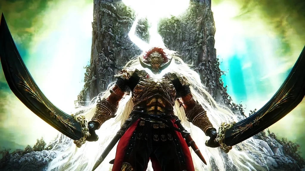 Promised Consort Radahn standing with dual swords as the Elden Ring DLC final boss in Shadow of the Erdtree