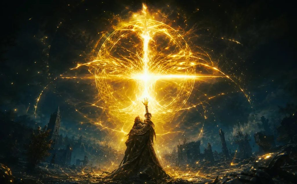 Tarnished warrior using a powerful Golden Order incantation in Elden Ring